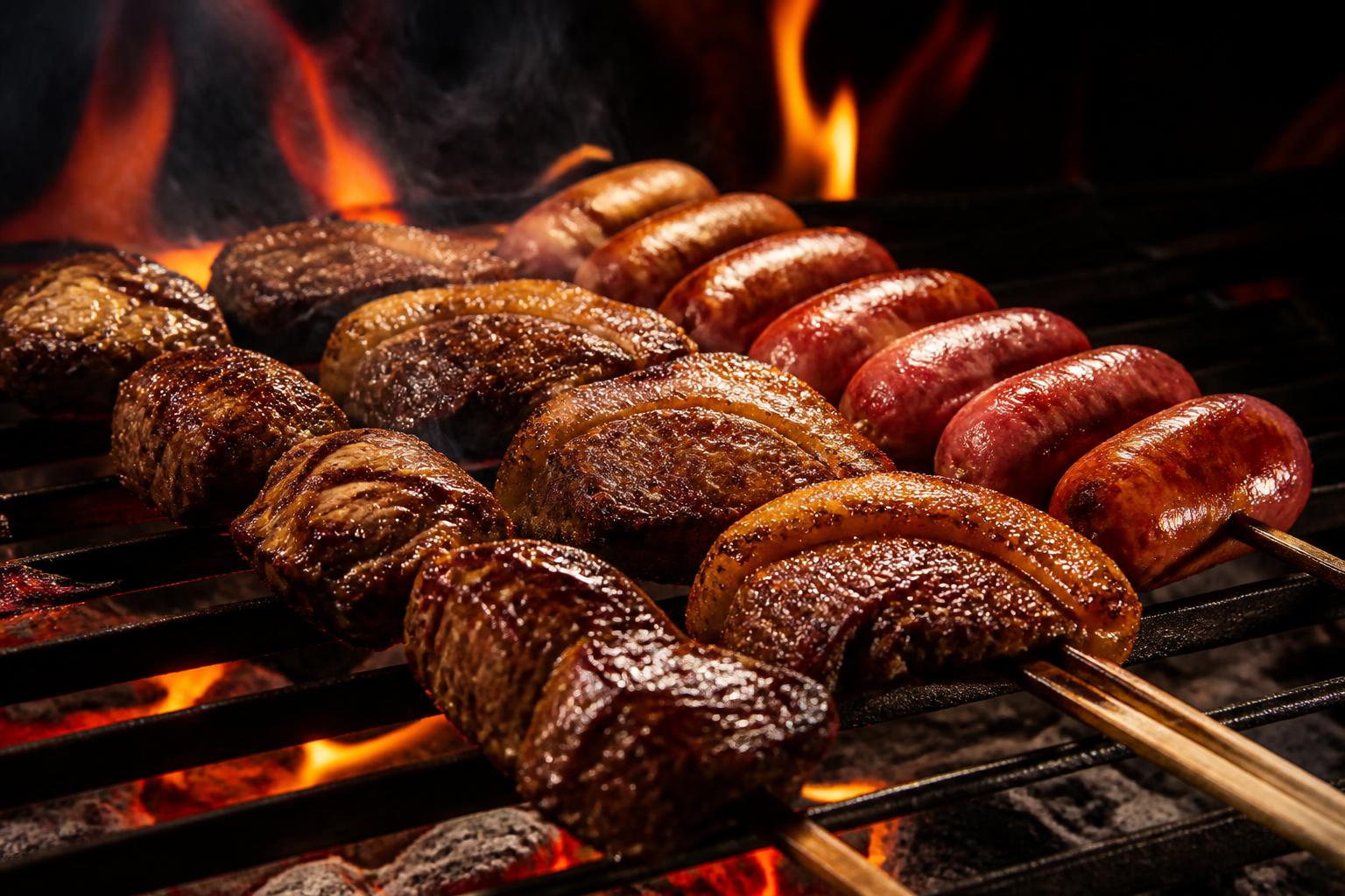 Espetinhos artesanais grelhados na brasa com fogo e fumaça
